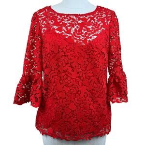 Women's Boden Red Brittany Blouse Guipure Lace Hearts Bell Sleeve Floral Top 8